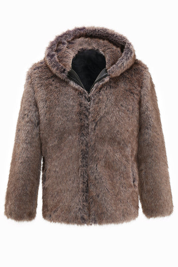 Abrigo de piel sintética de invierno para hombre caqui con capucha